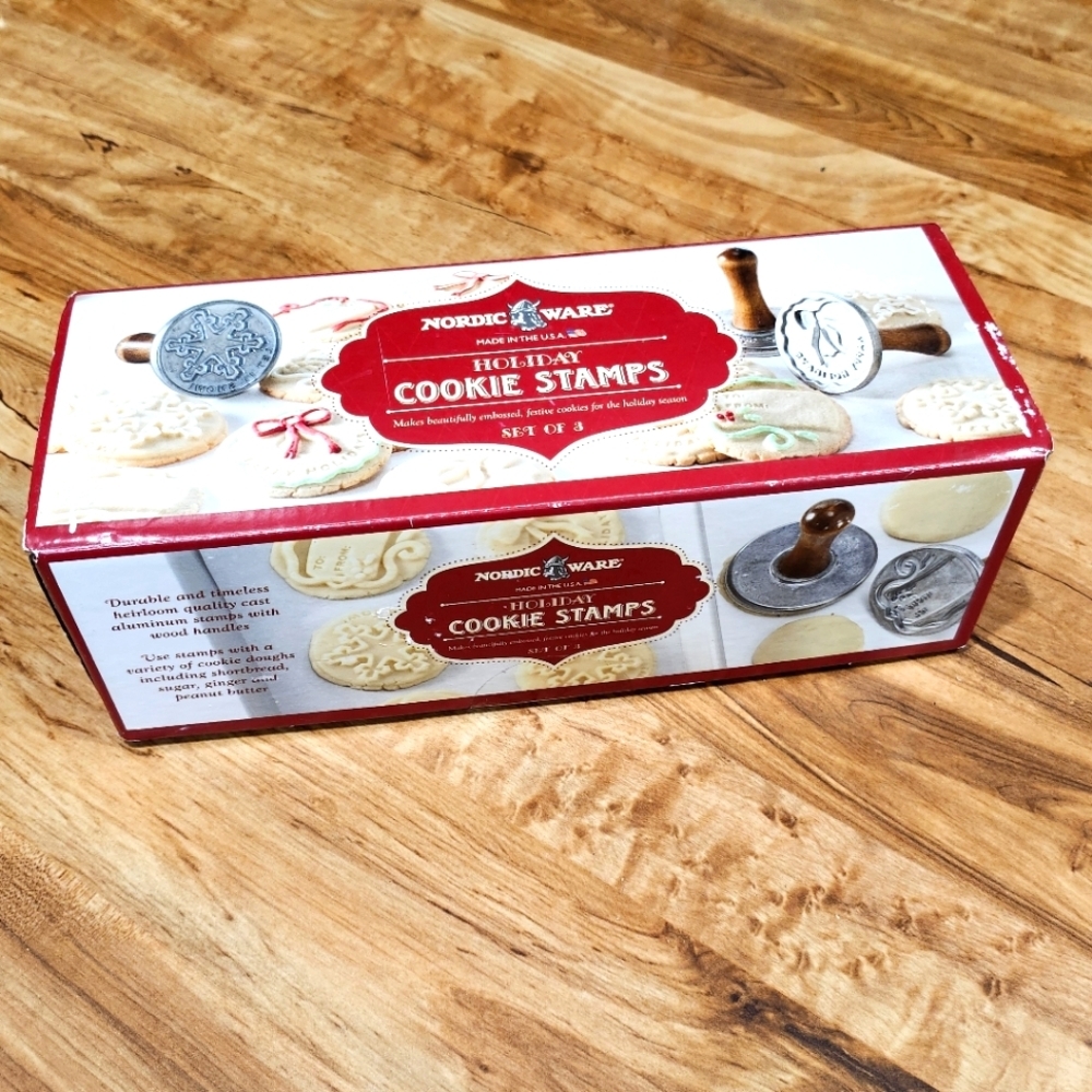 Set of 3 Holiday Cookie Stamps by Nordic Ware w/ wood handles